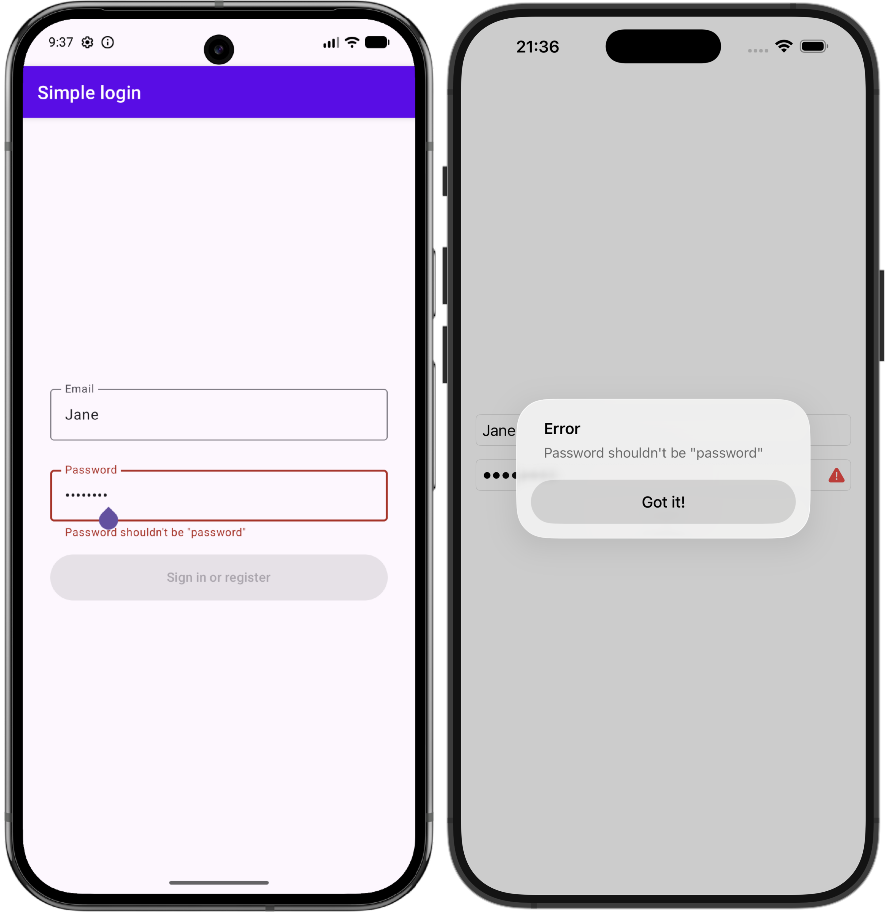 Android 和 iOS 应用程序密码错误
