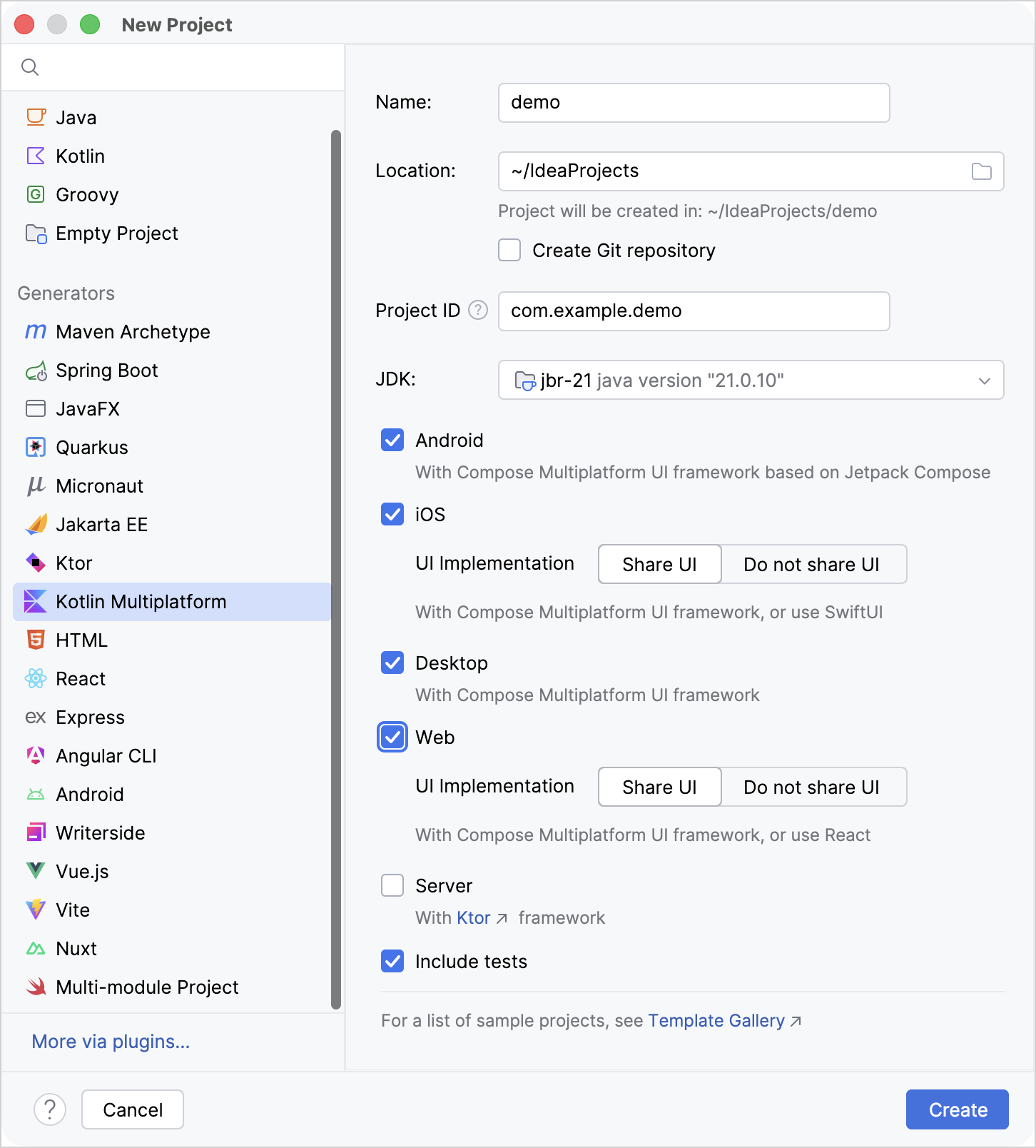 IntelliJ IDEA 向导，采用默认设置并选择了 Android、iOS、桌面和 Web 平台