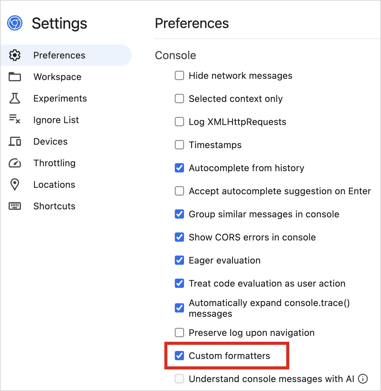 在 Chrome 中启用自定义格式化程序
